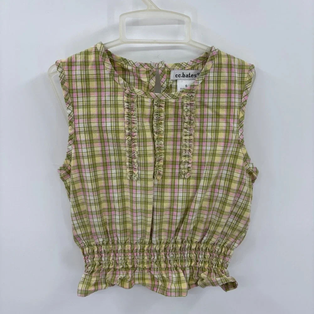 cc.bates Plaid Sleeveless Top Kids 6 Green Pink Ruffle Smocked Peplum Blouse